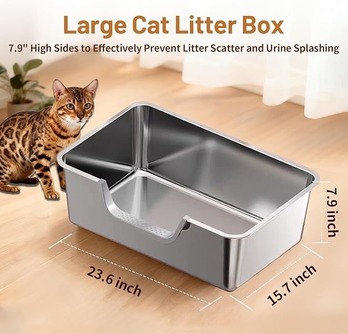 Stainless Steel Cat Litter Box, Steel Litter Pan with Curved Low Entry, Leak Proof 6 Inch High Side for Urine, Easy Entry for Kittens Older Cats, No Slip, 23.6" x 15.7" x 7.9", Silver