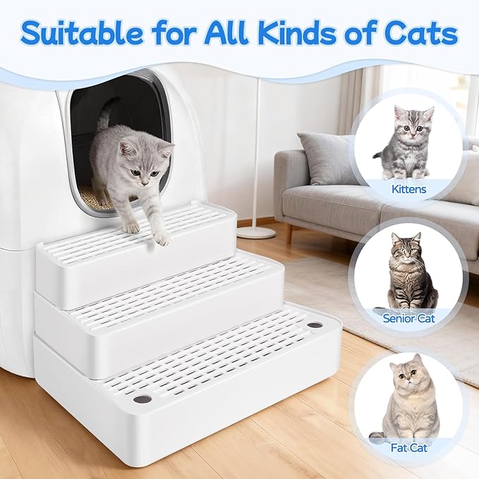 Extra Large 3 Steps Litter Box Ramp, Adjustable Cat Litter Box Step with Filter Function, Easy to Clean Cat Litter Stair Catcher for Elderly Cats and Kitten (White)