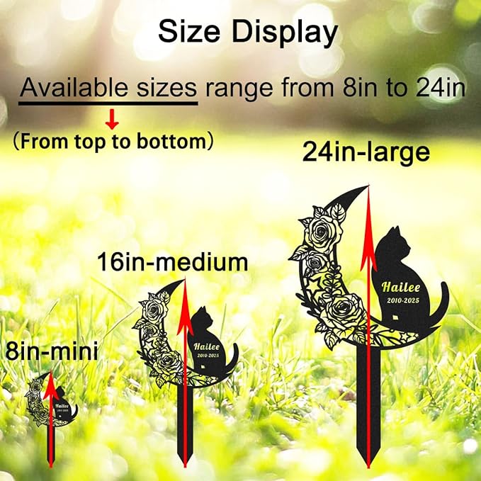 Custom Cat Memorial Grave Marker Burial Stake, Personalized Rose Flowers Moon Cat Memorial Stake Garden Yard Sign for Outdoors, Customized Metal Cats Memorial Plaque Pet Loss Sympathy Gift