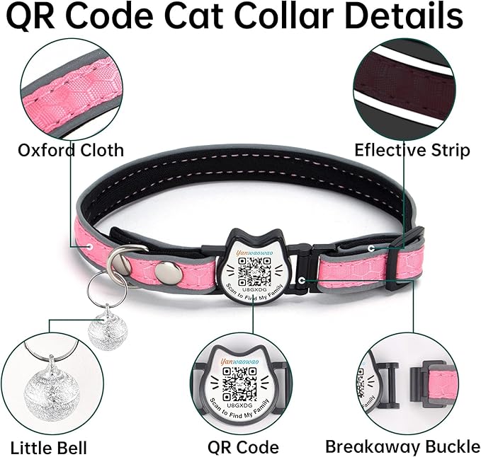 Cat Collar with Bells Reflective Cat Collars Breakaway with Oxford Cloth Soft Padding Adjustable Kitten Collar with QR Code（Pink）
