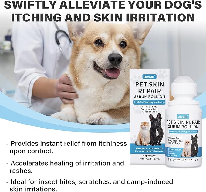 Dog Skin Repair Roll-On Serum – Natural Hot Spot & Red Spot Relief with Coconut Oil – Soothes Itchy, Dry & Irritated Skin, Supports Fur Regrowth – Lick-Safe, No-Rinse Pet Skin Care for Dogs & Cats