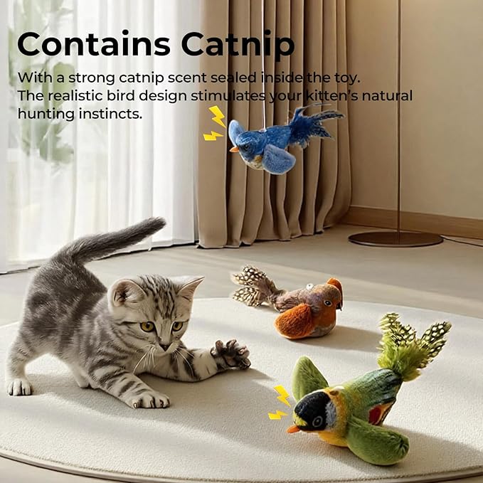 2-pack catnip cat toys that stimulate indoor cats' natural hunting instincts,Interactive plush bird toy with realistic chirping sounds to tease your cat (Green artificial bird + blue artificial bird)