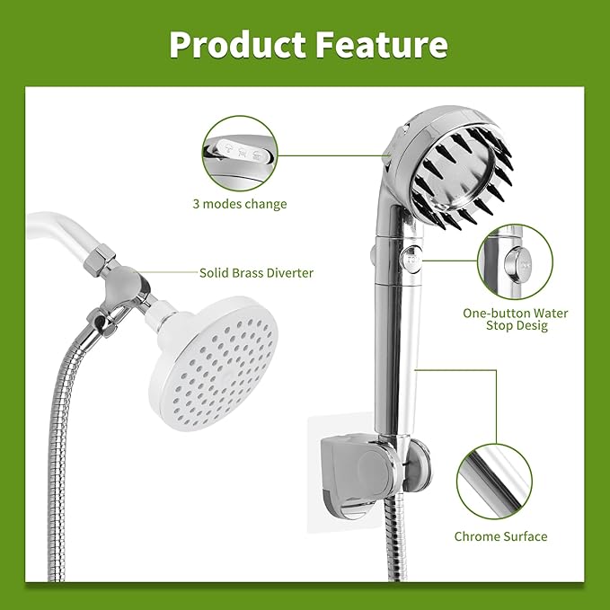 Hygie Rinse Handheld Dog Shower Attachment with Massage Head for Fast and Easy Dog Bathing and Cleaning, Included Garden Adapter for Indoor and Outdoor Dual Use, Handheld Sprayer with Hose, Chrome