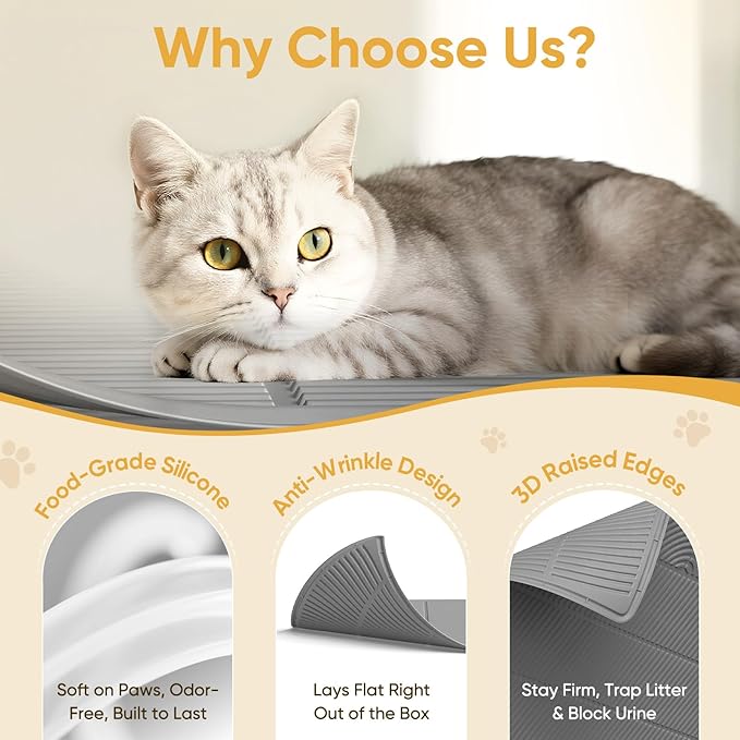 TRZZ XXL Extra Large Cat Litter Mat, Silicone Litter Box Mat for Floor, Waterproof & Non-Slip, Easy to Clean, Cat Litter Trapping Mat & Kitty Litter Catcher for Scatter Control (Light Gray)