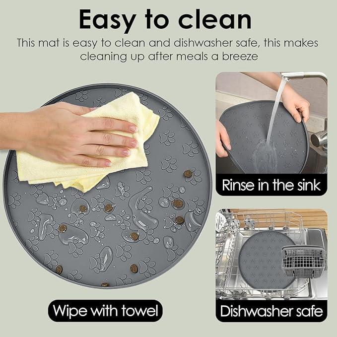 Pet Feeding Mats for Food and Water, Waterproof Anti-Slip Placemats for Dog Cat Bowl, 2 Pack Silicone Pet Food Mat, Dishwasher Safe 10.9 × 10.9 (2 Black, Small Paws)
