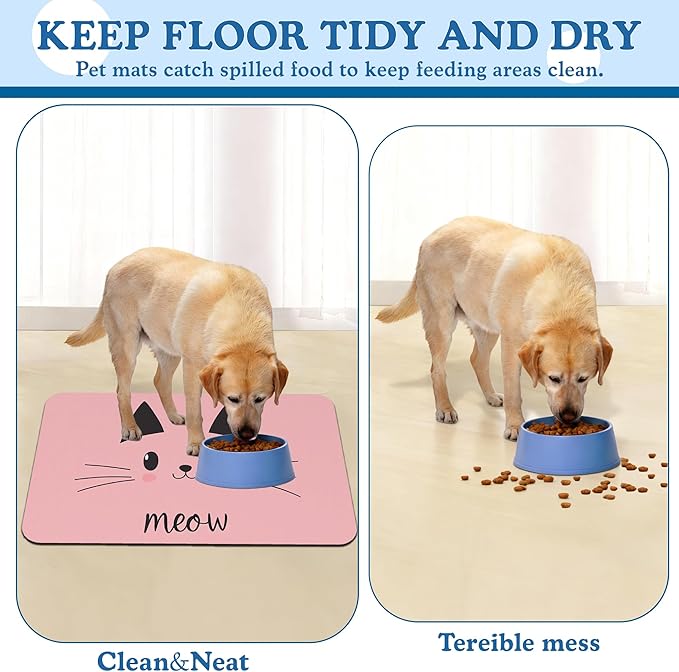 Pink Cat Dog Food Mat–Christmas Stocking Absorbent Quick Dry Feeding Placemat for Food and Water Bowls, Non Slip Rubber Backing, Waterproof Pet Supplies for Mess-Free Eating 12"x20"