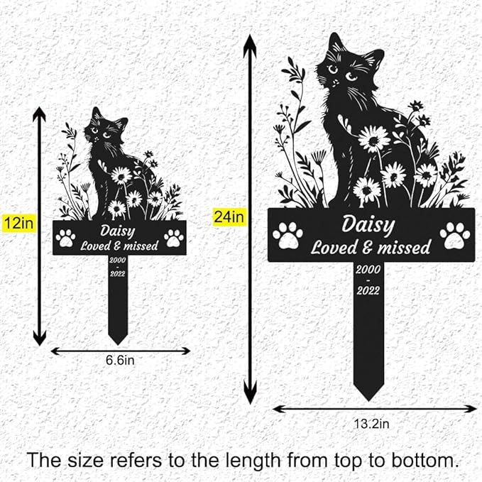 Personalized Flowers Cat Memorial Stake Grave Marker, Custom Pet Cat Memorial Grave Marker Stake with Paws, Customized Cat Garden Stake Memorial Metal Sign Remembrance Yard Burial Stake
