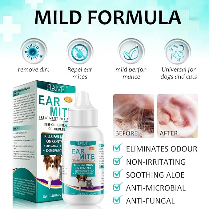 Ear Mite Treatment for Dogs and Cats,Dog Ear Infection Treatment,Aloe Ear Mite,Safe for Pets | 12+ Weeks | 0.75 fl oz 22.2ml