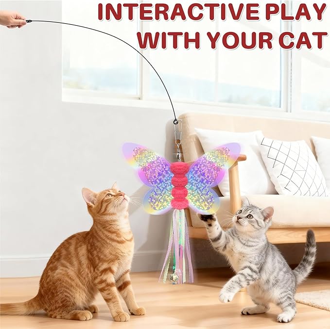 Walfront Interactive Cat Wand Toy Set with Replaceable Butterfly & Bee Bell Heads, Dual Suction Cup Base, for Self-Play or Handheld Fun with Indoor Cats & Kittens, Keeps Pets Active and Stimulated