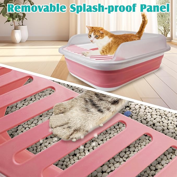 VCEPJH Collapsible Litterbox with High Sides Small Cats Litter Pan with Scoop Open Cat Litter Box Portable Travel Kittens Toilet Kitten Starter Kit for Kittens Adult Cat Elderly Cats (Pink)