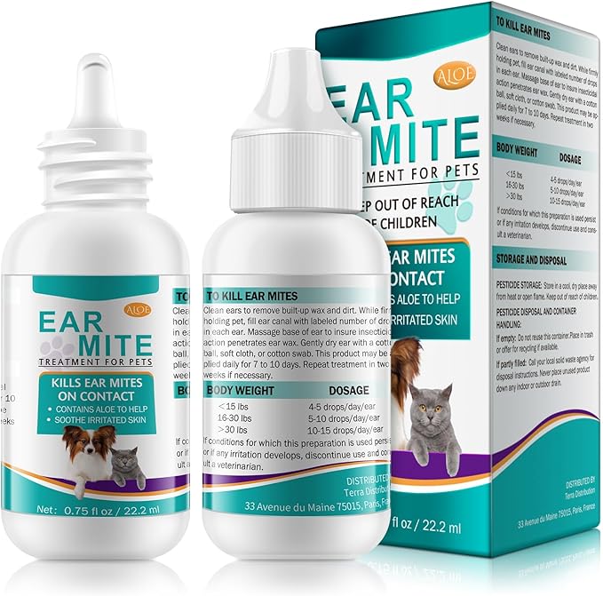 Ear Mites Clean for Dogs & Cats - Cat Ear Mite Treatment with Aloe Vera, Cleaner on Contact & Soothes Itching, Vet-Recommended Formula for Pets Ear Cleaning, Fast-Acting 0.75oz Bottle