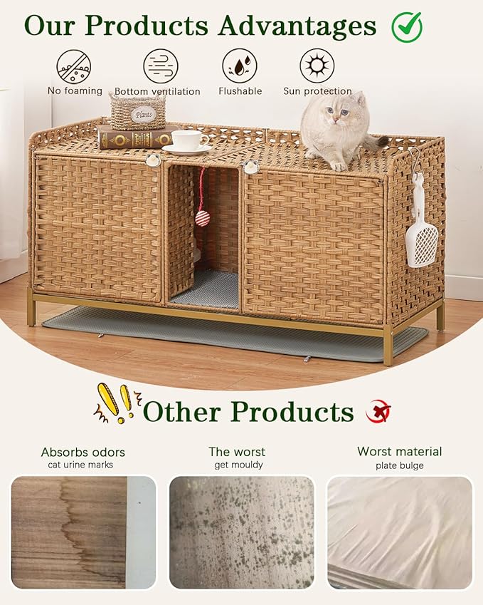 Cat Litter Box Enclosure for 2 Cats, Hidden Litter Box Furniture with Mat, Large Rattan Cat House with Double Room and Door, 47.3 L x 19.7 W x 24 H, 2 S-Shaped Hooks for Living Room Natural