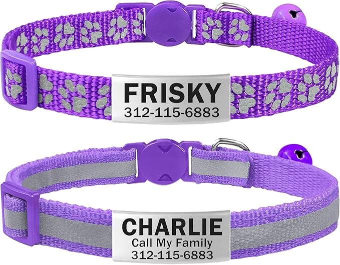 TagME 2 Pack Cat Collar with Name Tag, Personalized Reflective Cat Collar Breakaway with Bell for Boy & Girl Kitten, Purple