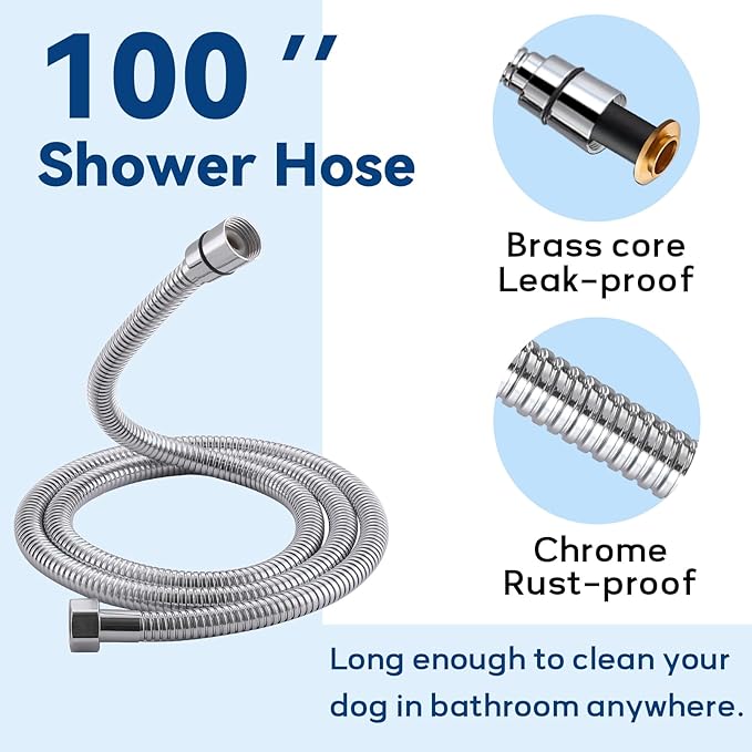 Dog Shower Attachment, 3 Mode Handheld Sprayer with ON/OFF Switch, G1/2" Metal Diverter, 100 Inches Stainless Steel Hose, No Drill Holder, for Pet and Dog Washing in Bathroom