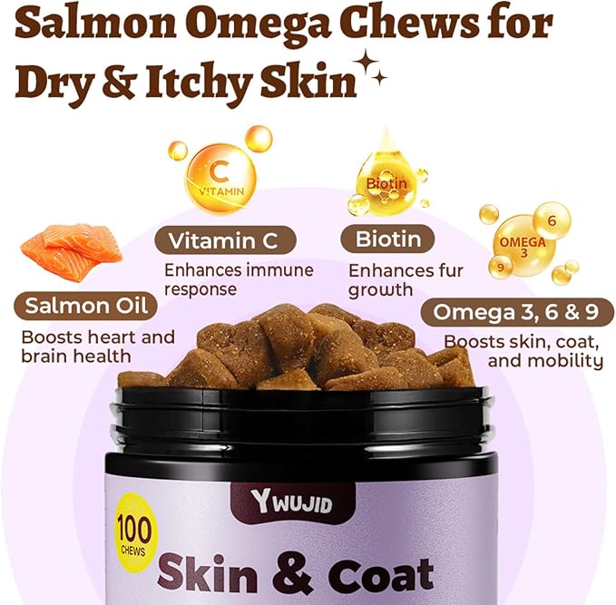 Salmon Oil Skin & Coat Supplement for Dogs-Omega 3 Fish Oil for Dog Healthy Skin & Glossy Coat with EPA & DHA Fatty Acids Heart Hip Joint Health,Skin Allergy,Hot Spots,Dry Skin,Itch Relief,Shedding