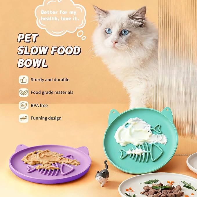 Slow Feeder Cat Bowl, 2 PCS Silicone Bowl, Cat Slow Feeder, Ideal for Dry and Wet Food, Easy to Clean, Interactive Puzzle Toy for Pets Food Training, Keeps Cats Busy, 6.69" W*0.65" H