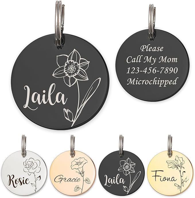 Anavia Floral Pet ID Tags, Birth Month Flowers Theme Dog Tag Round Bone Shape Cat Name Tag, Glossy Stainless Steel Gold Plated Dog Collar Tag (Round - Single Stem - Black, Small)