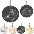 Anavia Floral Pet ID Tags, Birth Month Flowers Theme Dog Tag Round Bone Shape Cat Name Tag, Glossy Stainless Steel Gold Plated Dog Collar Tag (Round - Single Stem - Black, Medium)