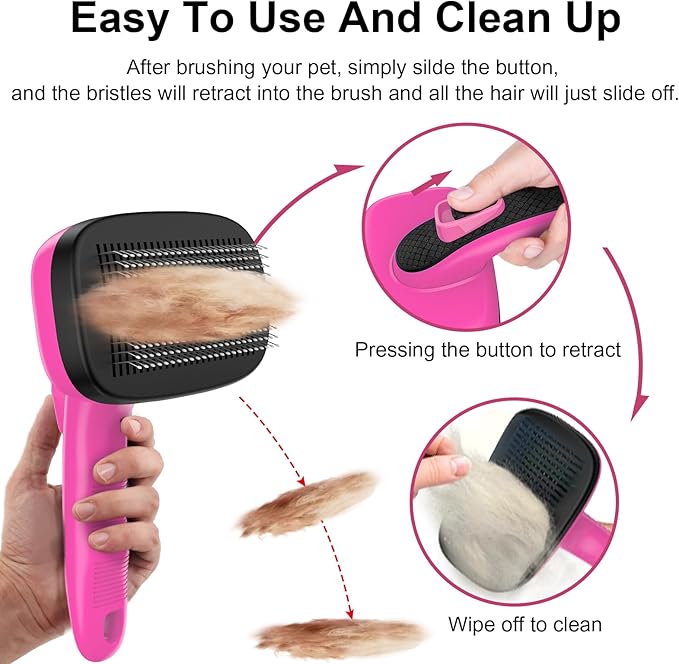 Self Cleaning Slicker Brush for Dog, Cat, Skin Friendly Shedding & Grooming Tool for Long and Short Haired Pets, Easy Clean Retractable Bristles, Pink