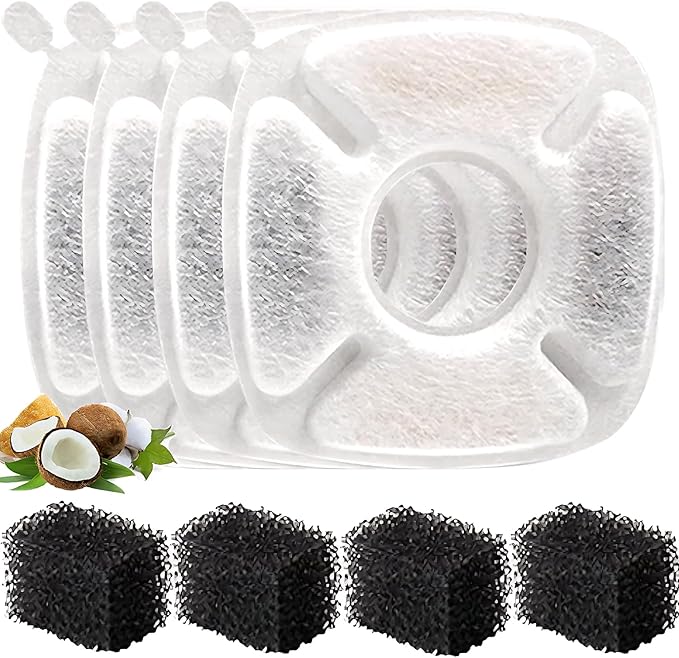 BRENSTEN 8 Pcs Replacement Filters & Sponges for Veken 95oz/2.8L Pet Fountain, Cat Water Fountain Filters (4 Carbon + 4 Sponge)