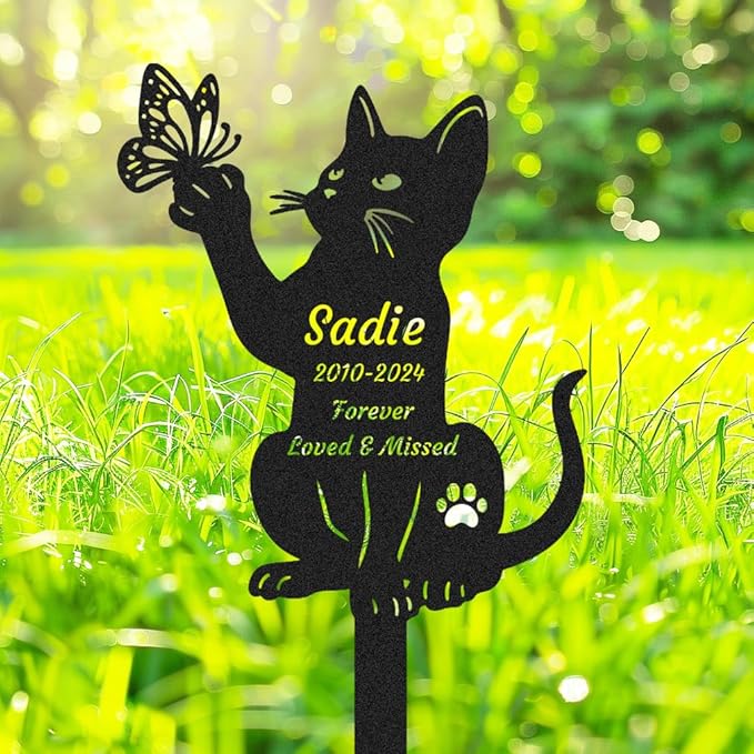 Personalized Custom Butterfly Cat Memorial Grave Marker Garden Stake Pet Loss Sympathy Gift Outdoors Memorial Plaque Metal Cats Yard Stake Garden Decor Sign Cemetery Decorations for Grave