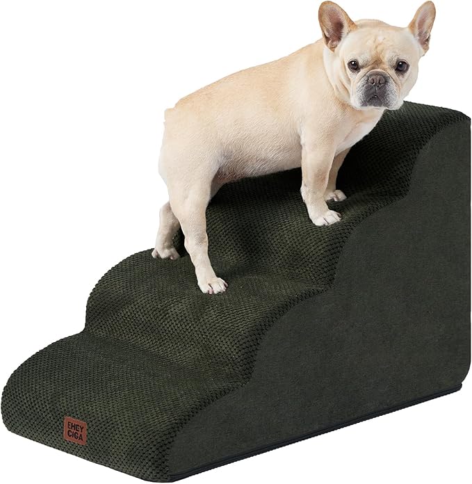 EHEYCIGA Curved Dog Stairs Ramp for High Beds 19.7" H, 4-Step Dog Steps for Small Dogs and Cats, Pet Stairs for High Bed Climbing, Non-Slip Balanced Pet Step Indoor, Military Green