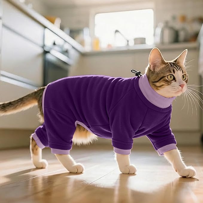 PUMYPOREITY Cat Hair Sticky Sweater, Recovery Suit - Breathable & Lightweight for Post-Surgery Protection, Cat Onsie Prevents Licking Wounds, Purple, 2XL
