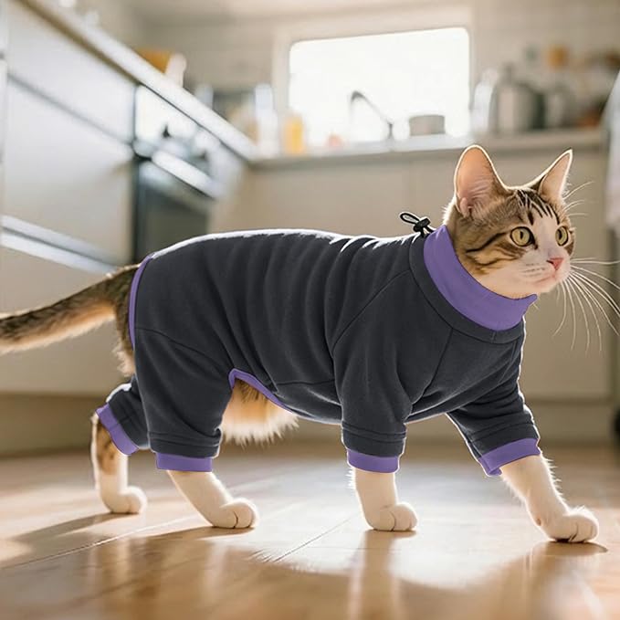 PUMYPOREITY Sticky Hair Cat Clothes, Prevent Hair Loss Cat Pajamas, Soft Cat Sweaters for Cats Only, Cat Hair Sticky Onesie, Cat Recovery Suit After Surgery, Black, 2XL