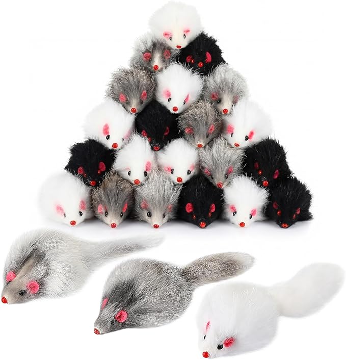 Hungdao 24 Pcs Furry Mice Interactive Catch Play Rabbit Fur Mouse Rattle Sound Rat Plush for PET Cats and Kittens, 3 Colors (White,Black,Gray)