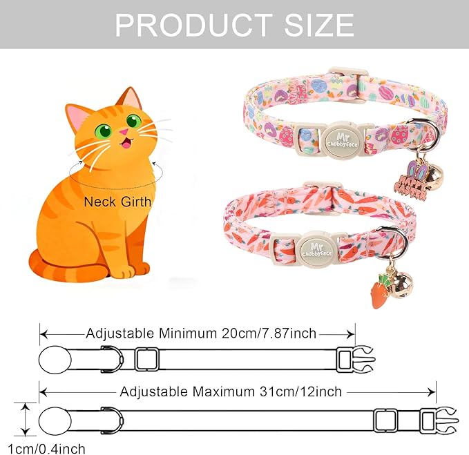 2 Pack Easter Cat Collar, Colorful Carrot& Carrot Egg Pattern Kitten Breakaway Collar,Adjustable Durable Easter Collar with Bell&Pendent for Female Male Cat
