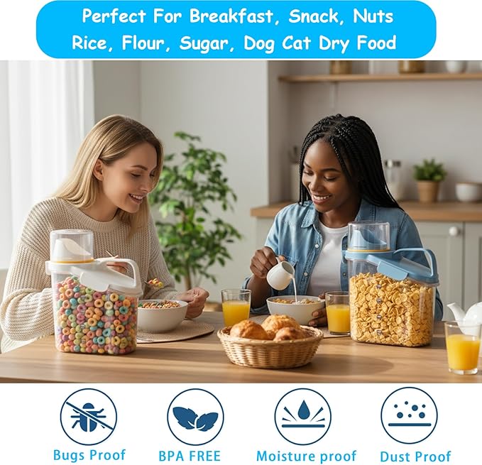 Cereal Containers Storage Small Food Storage Containers with Pour Spout, Measuring Cup for Rice Flour Sugar Dog Cat Dry Food Dispenser Plastic Kitchen Airtight Canister 1.8L BPA Free
