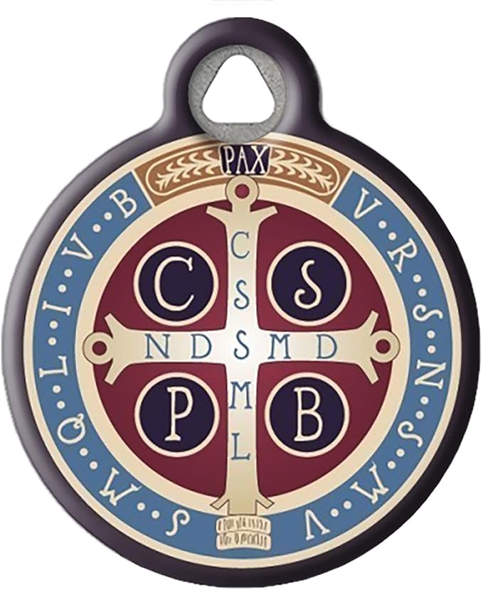 Dog Tag Art Saint Benedict Cross Personalized Pet ID Tag for Dogs and Cats, Silent Polymer Coated Stainless Steel Nametag with Customized Identification Information, Large 1.25" Diameter