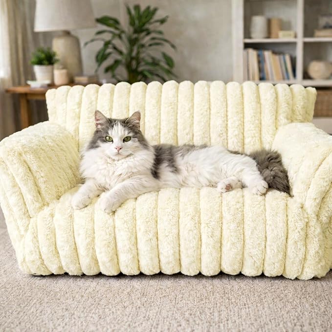 Pesonlook Cute Cat Couch for Pets - Fluffy Cat beds with Premium Soft Corduroy Fleece, Cozy Pet Sofa with Removable Washable Cover & Non-Slip Bottom, for Indoor Cats and Small Dogs, 30 Inch, Cream