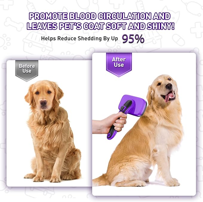 Self Cleaning Slicker Brush for Dog, Cat, Skin Friendly Shedding & Grooming Tool for Long and Short Haired Pets, Easy Clean Retractable Bristles, Purple