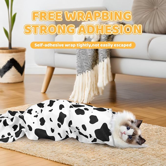 27.6" Cat Grooming Wrap for Cutting Nails, Cow Pattern Self-Adherent Fabric Wrap for Cats, Anti-Scratch Anti-Escape Multifunctional Cat Swaddle Tool for Teeth Brushing, Ear Cleaning