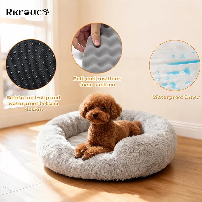 Fluffy Dog Bed Calming Donut Beds for Large Dogs Warming Round Small Medium Pet Nest Cozy Cat Mattress Indoor Washable Puppy Kennel Kittens Sleep Mat (S, 23.6×23.6 inch, Light Gray)