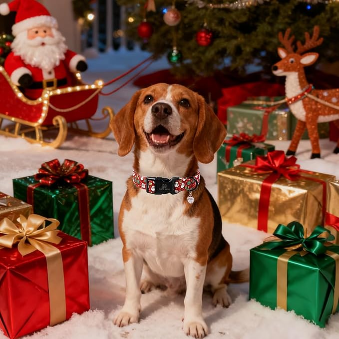 Maca Bates Christmas Red Basic Dog Collar for Large Girl Boy Dogs with Santa Charm Christmas Tree Pattern Soft Adjustable Durable Collars,Winter Gift for Male Female Puppy Pet