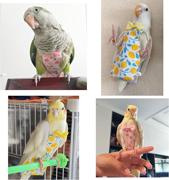 Bird Diaper Flight Suit, 3-Packs Lightweight Reusable Washable Elastic-Straps Parrot Clothes for Peony/Monk Parakeet, Prevents Poop Leaks & Feather Pecking (Bow+Lemon+Cherry, S)