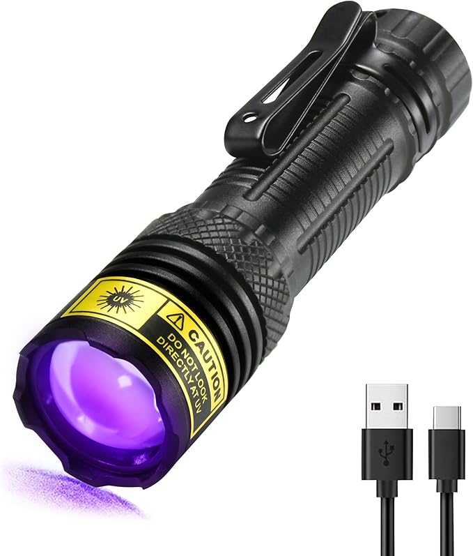 DARKDAWN UV Flashlight 395nm Black Light Mini USB Rechargeable Ultraviolet LED Blacklight Woods Lamp Powerful Portable Detector for Pet Urine Stains, Blood Tracking Flashlight, Resin Curing