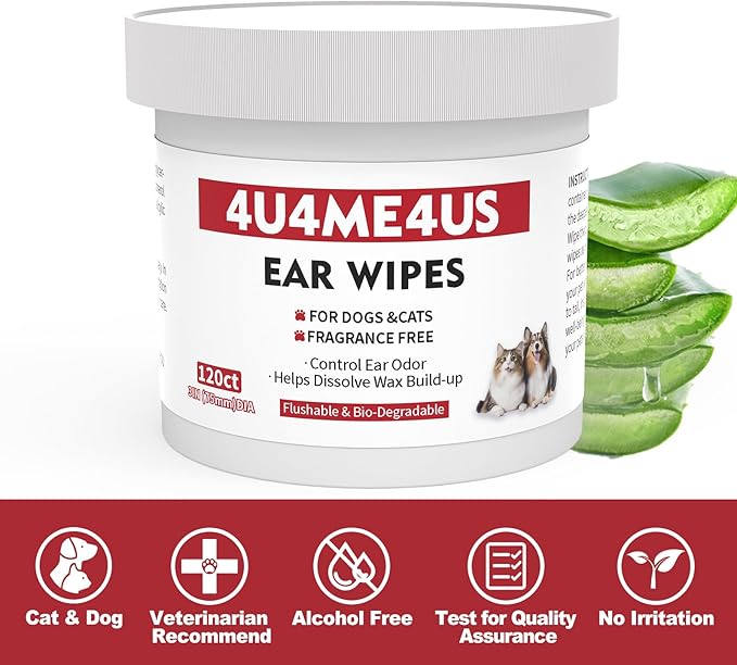 Pet Ear Grooming Wipes for Dogs &Cats Fragrance Free,Helps Dissolve Wax Build-Up and Control Ear Odor,flushable & Compostable,Stop Ear Itching Natural Cleansing,120ct.