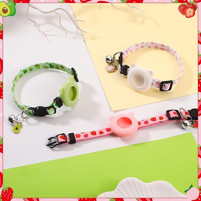 3 Pack Airtag Cat Collar Breakaway Fruit Cat Collars with Air Tag Holder, Bells and Fruit Charms Adjustable Safety Kitten Collars for Girl Boy Cats