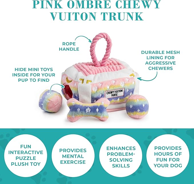 Haute Diggity Dog Pink Ombre Chewy Vuiton Trunk, Plush Designer Dog Toys with Interactive Squeaker, Stimulating Pet Enrichment, Machine-Washable & Safe Materials for All Breeds