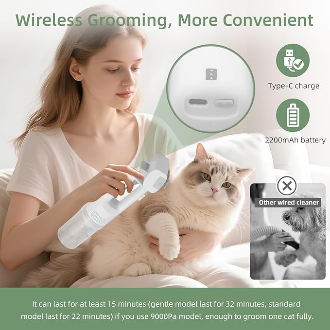 Dog Vacuum for Shedding Grooming, Cordless Dog Grooming Kit with Strong Suction for Dogs and Cats, Low Noise Pet Vacuum for Shedding, Handheld 5 in 1 Pet Hair Removal Tool