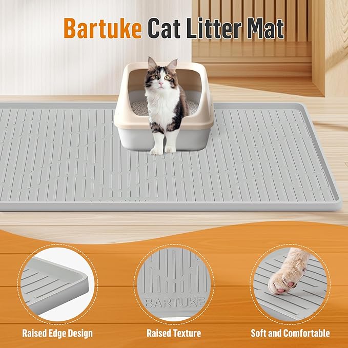 Silicone Cat Litter Mat, 34" x 20" Large Cat Litter Box Mat Litter Trapping Mat for Scatter Control, Waterproof, Soft on Kitty Paws, Clean Floor (Grey)