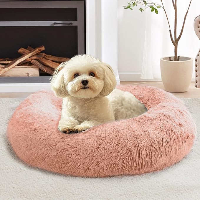 JOLLYVOGUE Calming Dog Bed Medium Size Dog, Anti-Anxiety Donut Medium Pet Bed, 31 inches Fluffy Faux Fur Round Cat Bed, Fits up to 45 lbs Pets (Peach Pink)