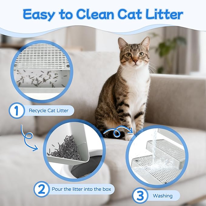 Extra Large 3 Steps Litter Box Ramp, Adjustable Cat Litter Box Step with Filter Function, Easy to Clean Cat Litter Stair Catcher for Elderly Cats and Kitten (Light Grey)