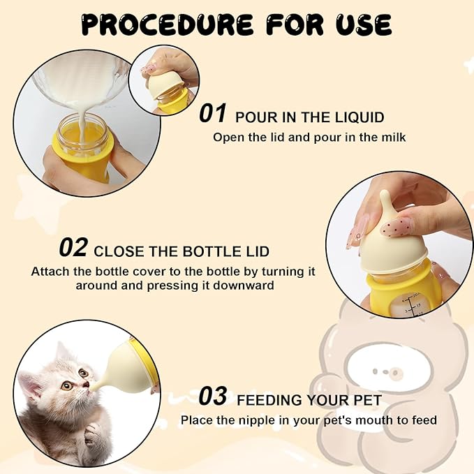 Pet Feeder Bottle Animal Feeding Bottles Kitten Bottles for Nursing Anti-Choking Design for Newborn Kittens Puppies Small Animals with 2 Pcs Replacement Nipple (Yellow, 20 ml)