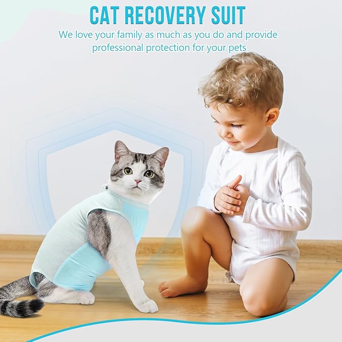 SlowTon Cat Recovery Suit - Onesie After Surgery for Female Male Kittens, Clothes Surgical Spay Suit for Abdominal Wounds, E-Collar Alternative Bodysuit Anti-Licking (Light Blue, S)