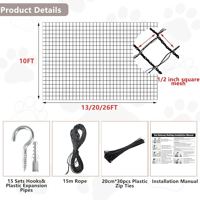 POYEE 10X20FT Cat Netting Balcony Protection Cat Barrier Balcony Safety Mesh Screen for Pets Catio for Apartment Balcony Window Stairs