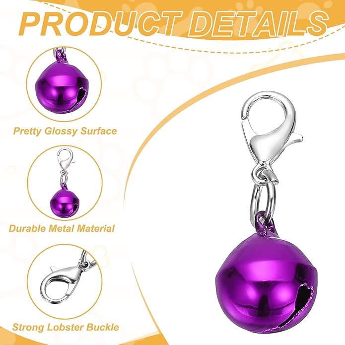 10Pcs Cat Bell, Small Glossy Pet Copper Bell Collars Charm with Lobster Buckle Loud Crisp Sound Anti-Lost Pendant Accessory(14mm, Purple) for Cat Dog DIY Crafts/Christmas Decor
